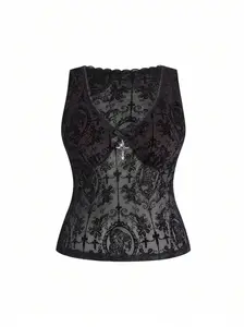 SHANIAH Plus Size Women Gothic Flocked Leopard Print Mesh Sheer Cropped Top, Spring/Summer