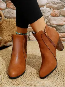 Women's Fashion Ankle Boots, Fall Winter Dual Zipper Design, Pointed Toe Chunky High Heels, Casual Style PU Leather Short Booties, Rubber