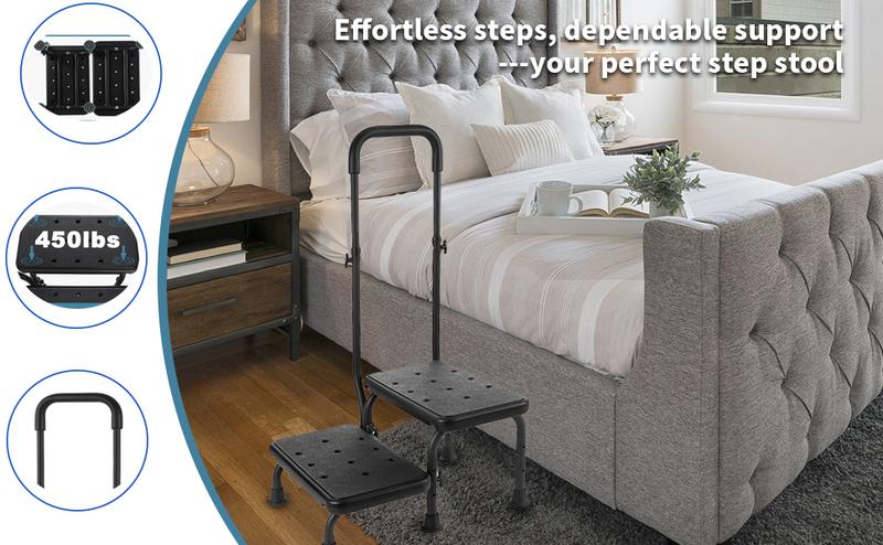 Step Stool with Handle, Non Slip Platform and Adjustable Handrail, Two Step Stool for Ederly, Adults and Handicap, Heavy Duty Foot Stool for High beds, Kitchen, Bathtub