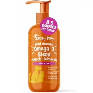 Zesty Paws Wild Alaskan Omega-3 Blend Pollock & Salmon Oil for Dogs & Cats - 8.5oz Supplement for Skin & Coat Health