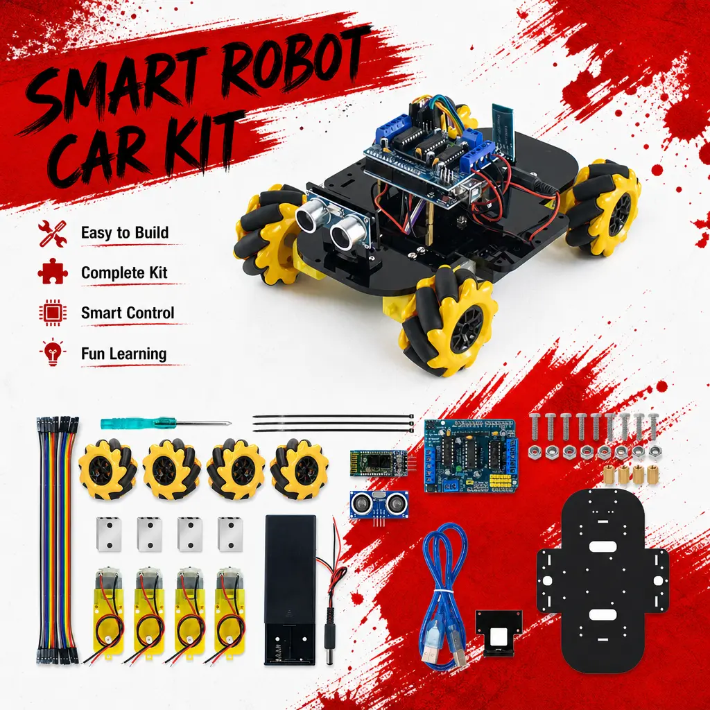 Omnidirectional Mecanum Wheel Robot Car Kit with Bluetooth APP Control, 4WD Smart Car Chassis with Ultrasonic Sensor, Obstacle Avoidance & Follow Mode – Arduino IDE Programmable STEM Toy