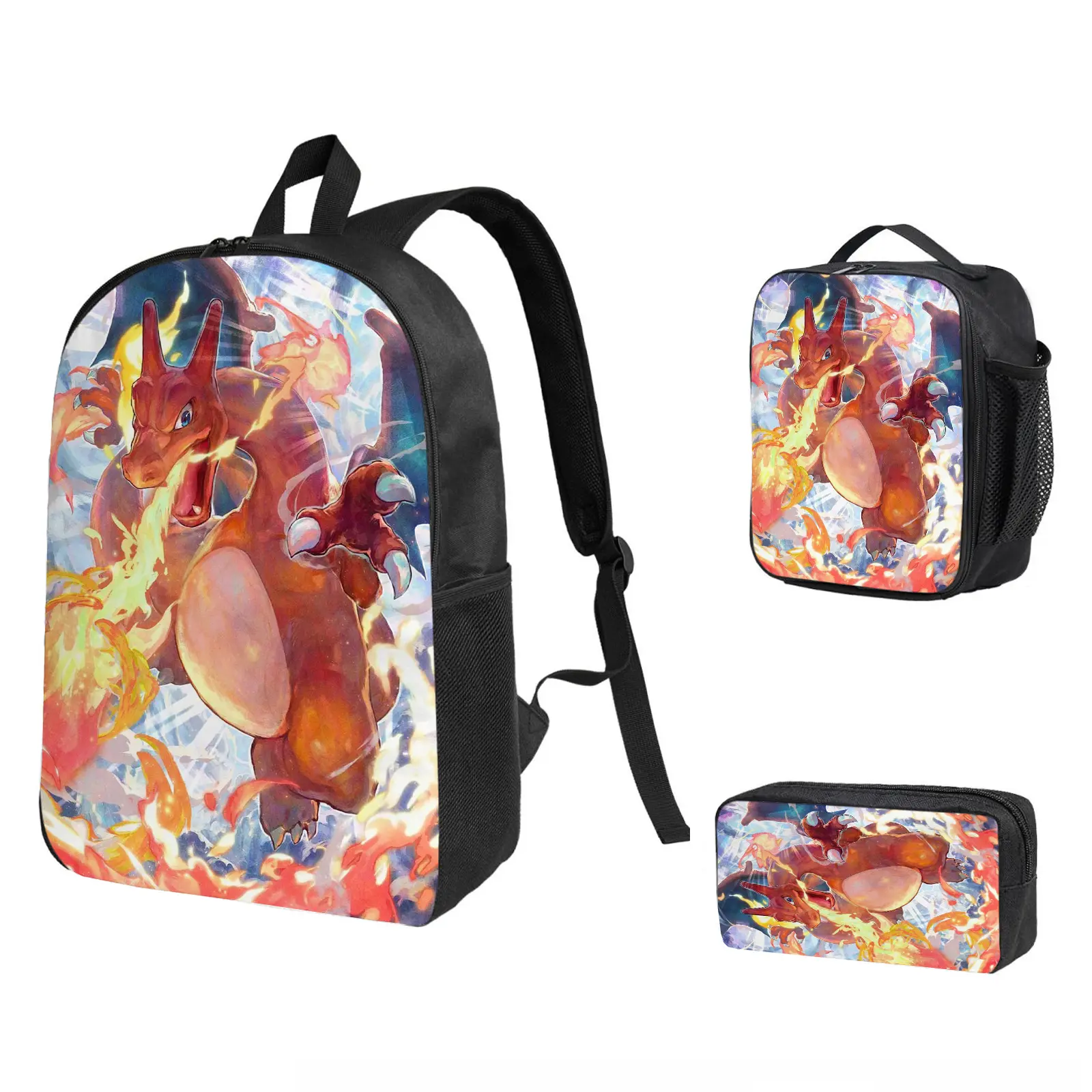 charizard  Backpack 3-Piece Combo, School Bookbag with Insulated Lunch Bag & Pencil Case for Kids Teens Boys Girls, Cool Laptop Travel Daypack Back to School Gift for Fans b-261