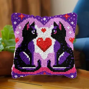 Couple Cats Valentine Latch Hook Kits for Adults Beginners Cute Animals Latch Hook Pillow Kit Pre-Printed Latch Hook Rug Kits Cross-stitch Embroidery Cushion for Home Sofa Decoration 17x17 in.43x43cm