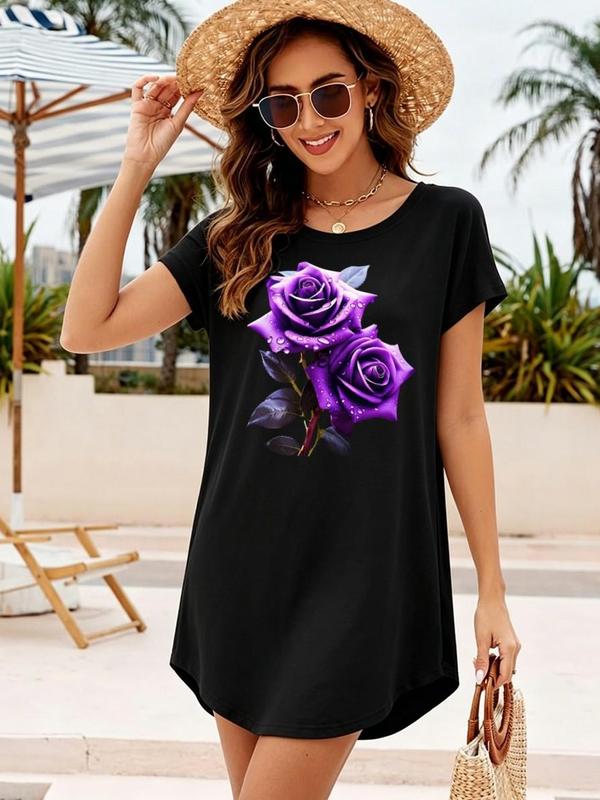 Women's Black Crew Neck A-Type Short-Sleeve Curved Hem Woven Tunic Sundress - 2 Purple Watercolor Rose Graphic, Spaghetti Straps, Soft Breathable Smooth Fabric, Loose Flowy Fit, Boho Elegant Sohochic, Beach Getaways, Party Wear