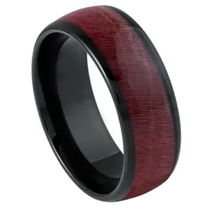 Dome Black IP 8mm Dyed Burgundy Hue Solidified Wood Wedding Band Comfort Fit - Mens and Womens Tungsten Carbide Ring Wood Inlay Engagement Ring