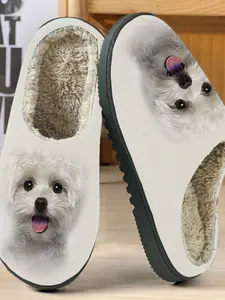 Cute Bichon Dog Realistic Print Cotton Slippers, Soft Plush Lining Anti-Slip Thick Sole, Home Warm Shoes for Men Women Fall Winter