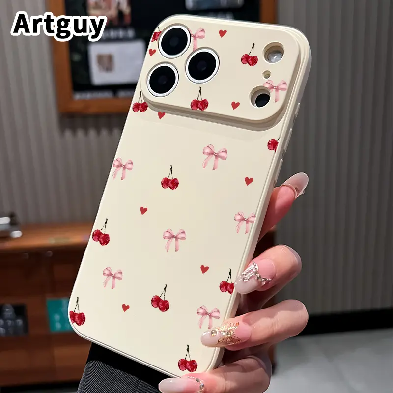 Straight Edge TPU Cellphone Case - Handheld Devices Casing with Cherry Whimsy Pattern, Drop Protection, Shockproof Soft Liquid Silicone, for iPhone 17,16,15,14 Pro Max,13,12,11,XR,XS Plus,Air E Mobile Phone Accessories, Protective