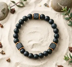 Bracelet | Men’s Popular Yoga Meditation Beaded Bracelet, Black Onyx Lava Rock Grounding Protection Jewelry, Balance Energy Accessory for Daily Yoga Practice