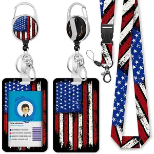 SQ-KC036 Id Badge Holder with Lanyard, 4th of July Badge Reel Retractable Heavy Duty and Detachable Name Tag Clips, American Flag Lanyards for Id Badges, Nurse Teacher Office Gifts