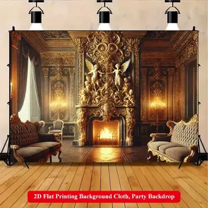 2D Flat Printing Backdrop Banner 1pc, Ornate Gold Decorated Room Fireplace Vibrant Polyester Background Cloth for Family Party, Wedding, Birthday, Christmas, Thanksgiving, Fall, Entryway, Room Decorations, Easy to Set Up, Reusable