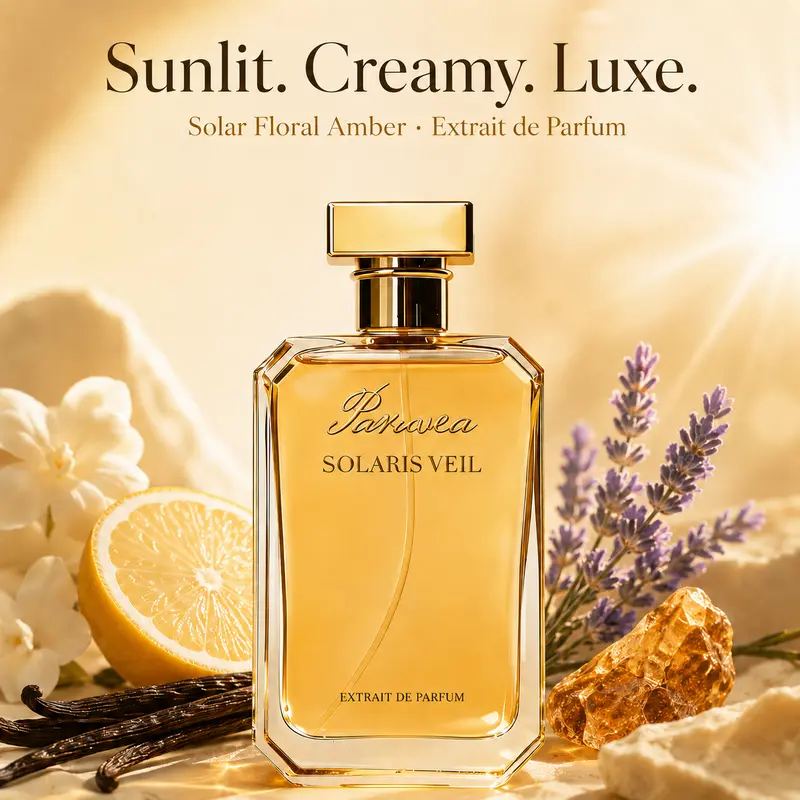 Paruvea Solaris Veil Extrait de Parfum - 100ml (3.4 fl oz, 2 fl oz) Unisex Adults' Everyday Use Fragrance, Creamy Solar Floral Amber Vanilla Citrus Spice Gourmand Scent, Long-Lasting Skin Scent Aura, Vegan Safe Warm Notes
