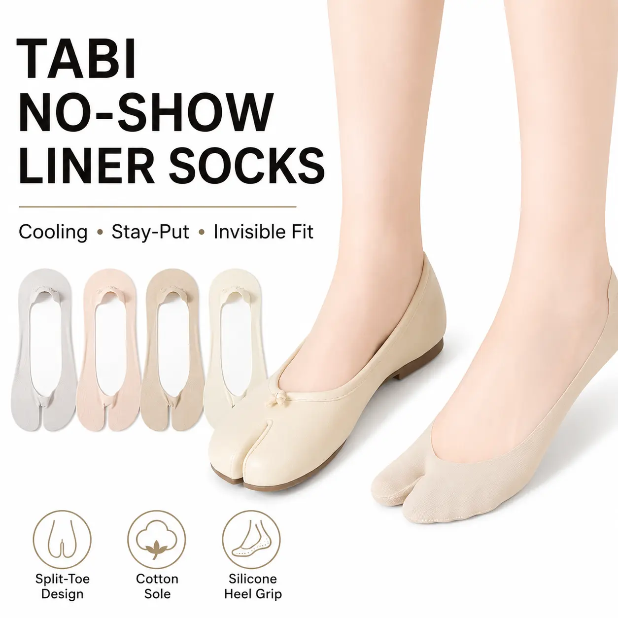 Women’s Split-Toe No-Show Tabi Cotton Blend Socks (5-Pair Pack) - Comfortable, Breathable, Moisture-Wicking Cushioned Sole, Invisible Toe, Pastel Flower Compression, Fuzzy Plus Size, Plain Style, Footwear & Shoes Compatibility, Cold Wash, Everyday Wear