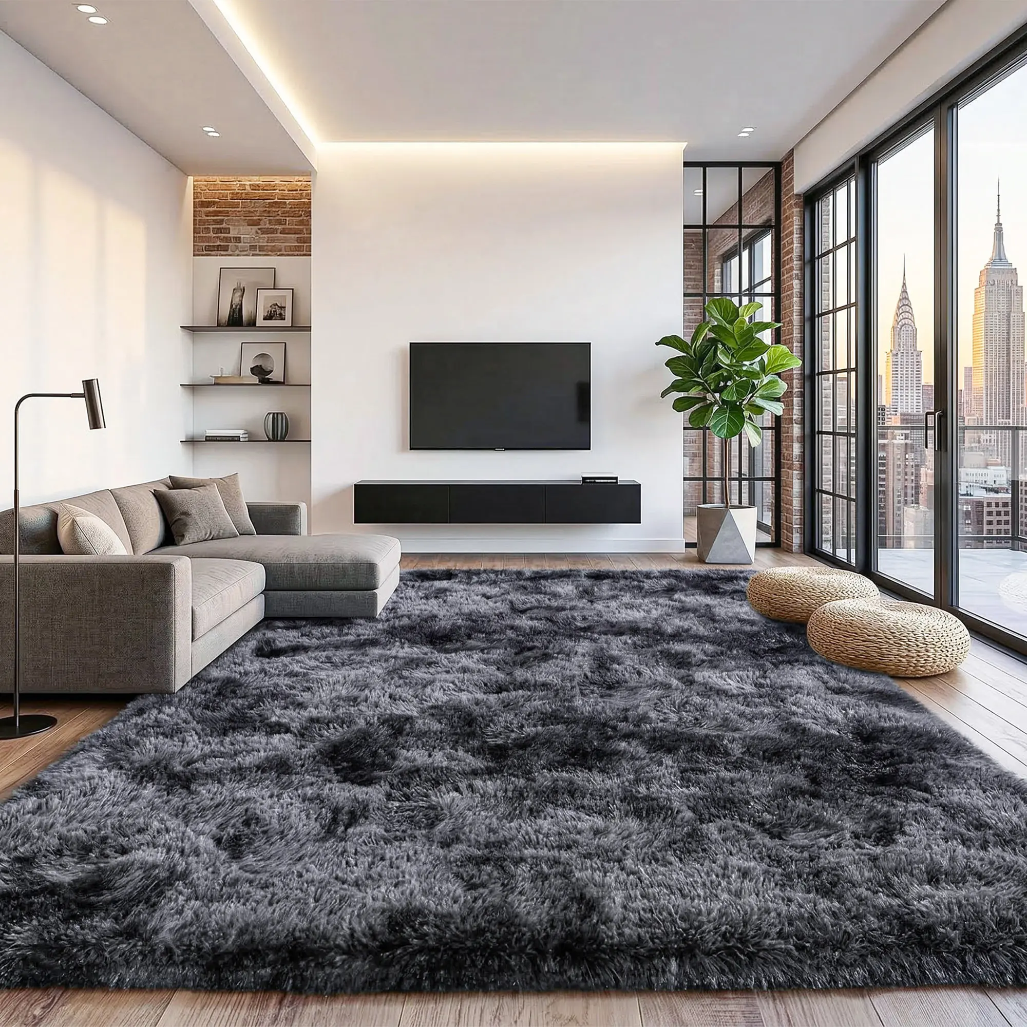 【Back to School】Gradient Black Gray Tie Dye Shag Rug, Thick Non Shedding Plush Carpet with Non Slip Rubber Back, Noise Reducing Pet Friendly Floor Mat for College Dorm, Small Apartment, Teen Bedroom & Living Room