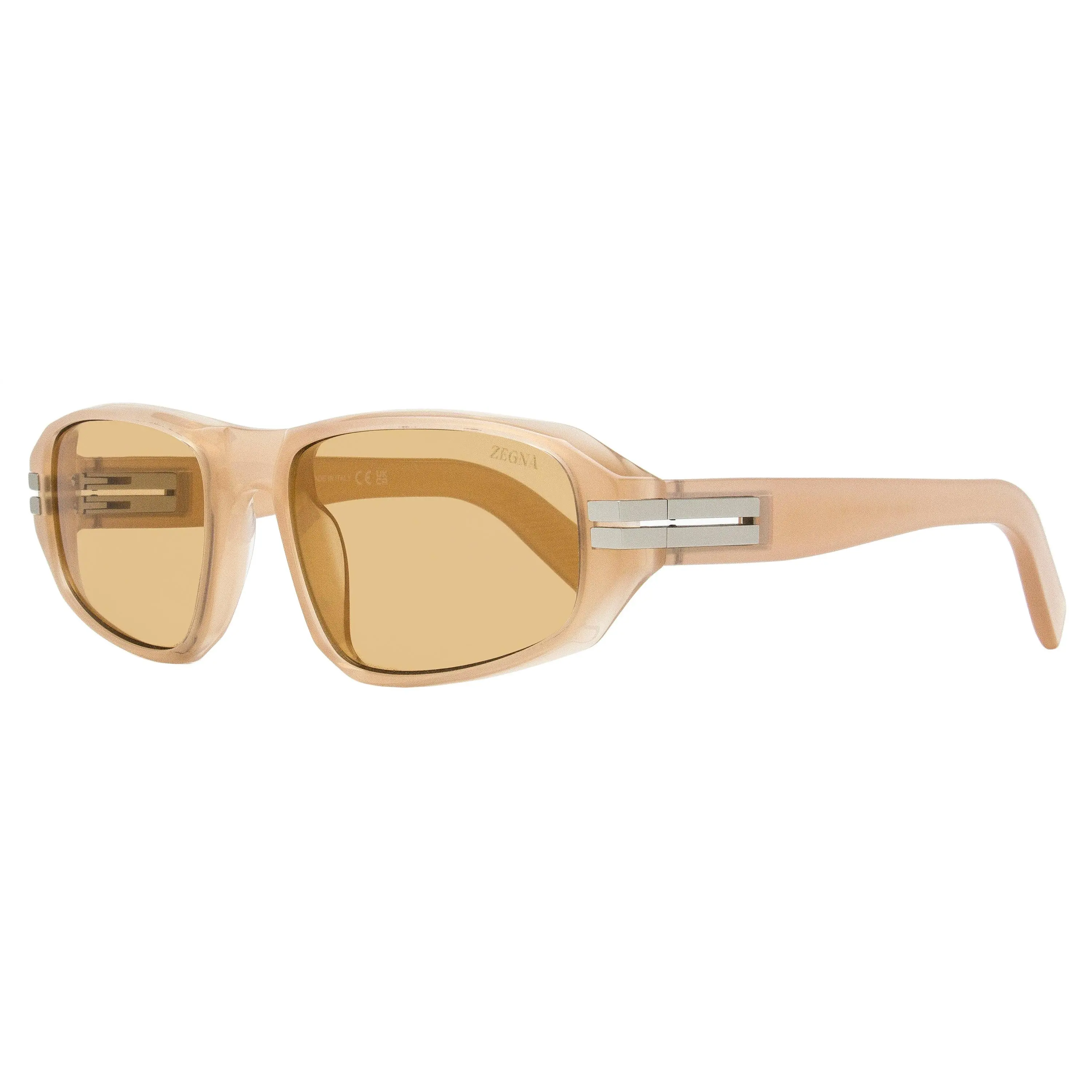 Zegna Men's EZ0262 Rectangular Sunglasses, Acetate Frame with Road Motif & Linen Lanyard, Transparent Rose - 58mm, Luxury Sunglasses, Tapered Lens, Aesthetic Men's Sunglasses