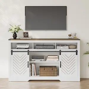 【Summervibes】RoyalCraft TV Stand for 65+ Inch TV, Farmhouse Entertainment Center with Storage, Wood TV Console Cabinets with Sliding Barn Door, Tall Media with Adjustable Shelves for Living Room, Ivory & Oak
