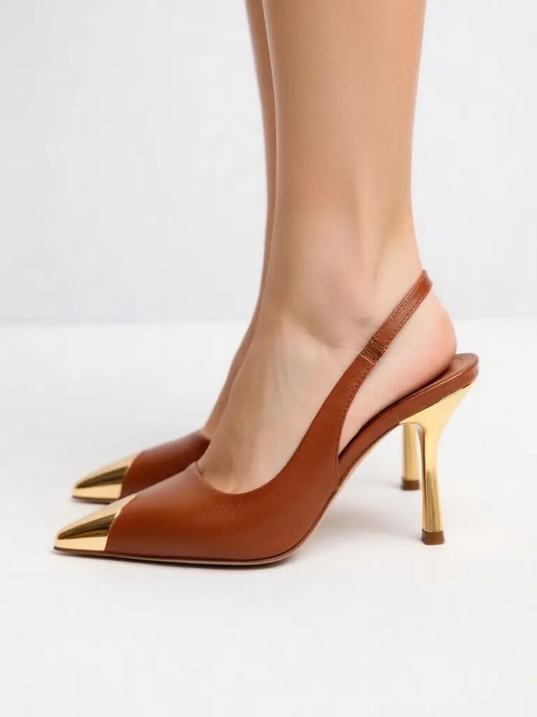 Stiletto Mocca Women's High Heel Slingback Shoes with Gold Toe Casual Elegant Sandal Formal