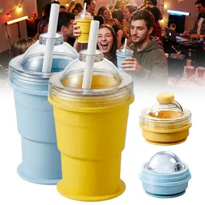 IMOLI 2-in-1 Collapsible Silicone Ice Ball Maker Cup, Reusable Portable Ice Sphere Mold, Summer Cold Drink Cup, Portable Foldable Ice Hockey Drink Cup for Coffee/Juice/Gym/Outdoor.