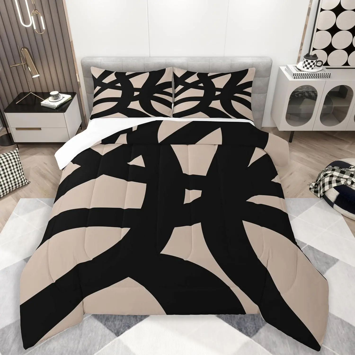 Black and Dark Tan Comforter Set Geometric Modern Comforter for Kids Teens Adults Abstract Neutral ArtBedding Abstarct Art Room Decorations