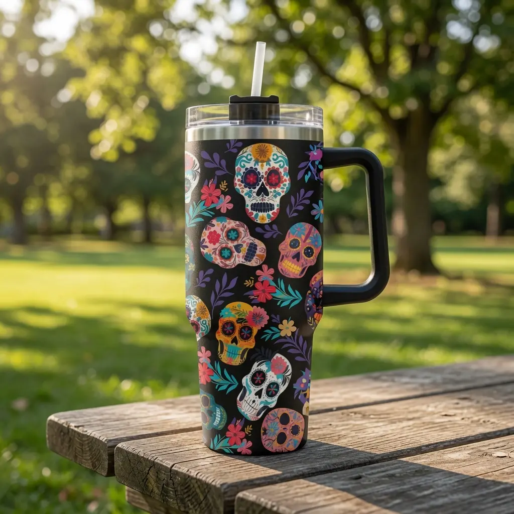 Dia de los Muertos 40oz Tumbler, Sugar Skull Travel Mug with Handle & Straw