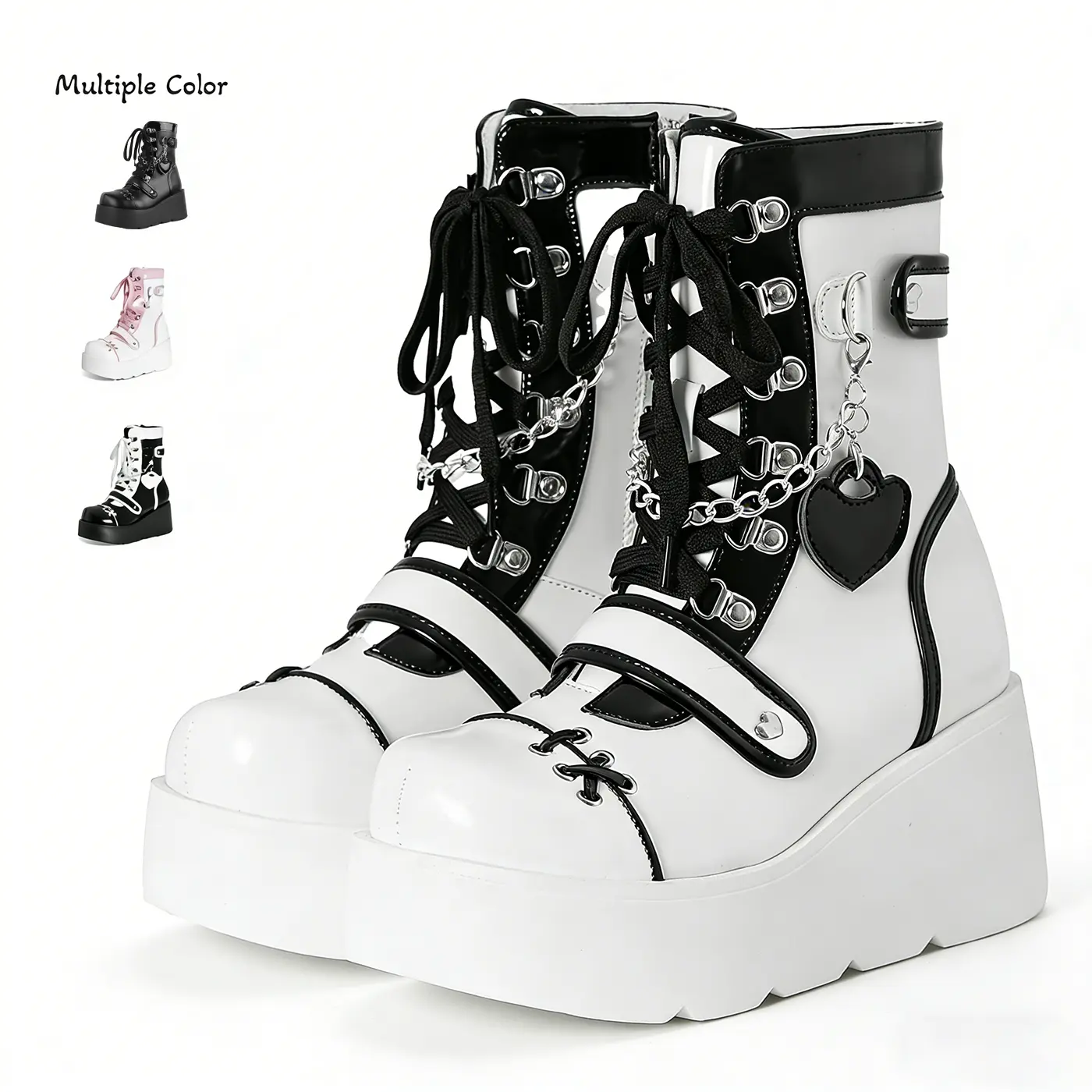Women's Y2K Women Combat Boots Gothic Chunky Wedges Heel Lace Up Chain Motorcycle Booties Ankle Cool Fashion Shoes