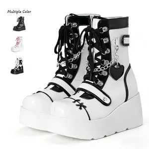 Women's Y2K Women Combat Boots Gothic Chunky Wedges Heel Lace Up Chain Motorcycle Booties Ankle Cool Fashion Shoes