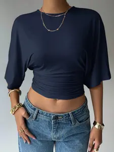 2026 Summer New Arrival Slim-Fit Waist T-Shirt, Batwing Sleeve Pleated Cropped Navel-Baring Casual Girl Tops, Multi-Color Available, Womenswear