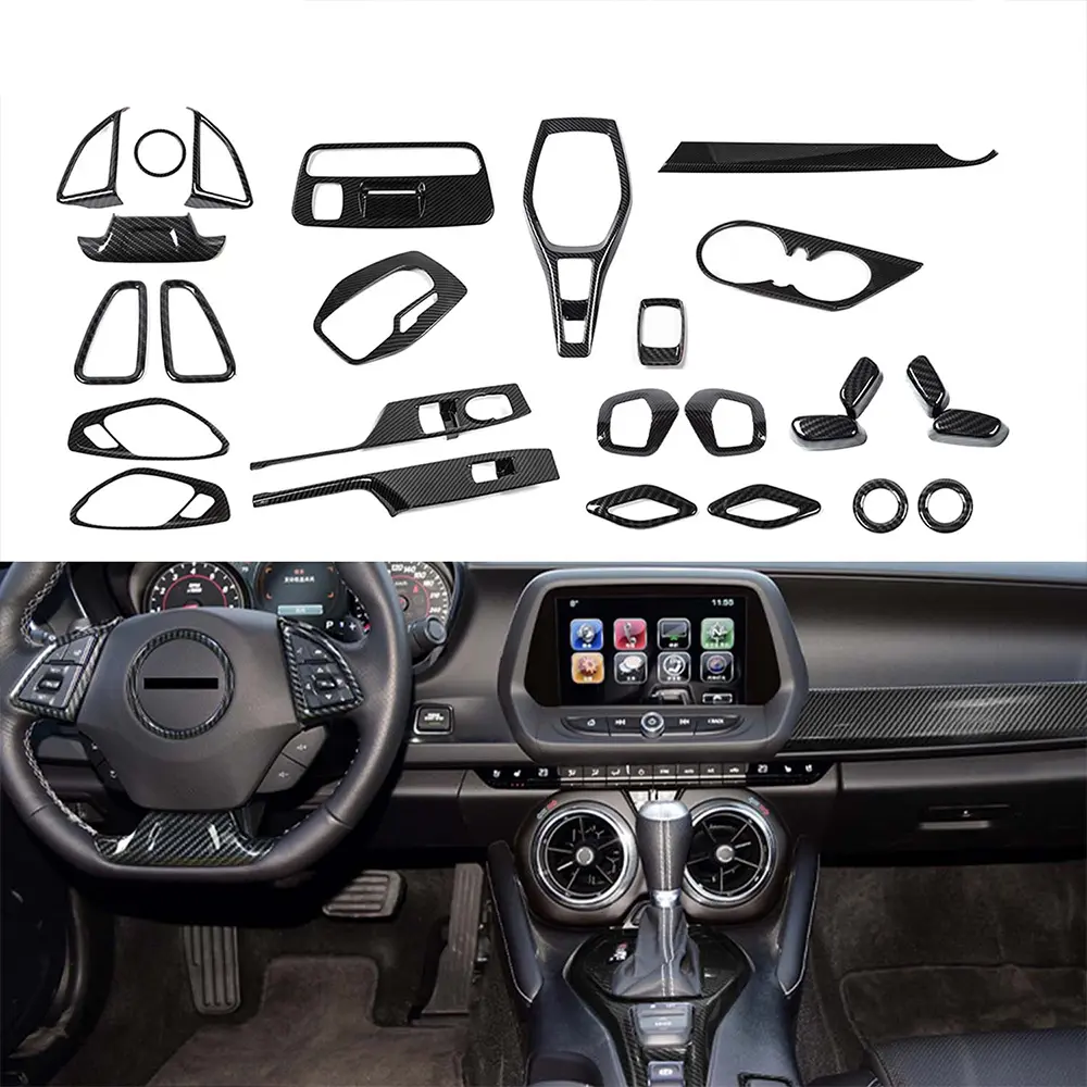 26-Piece Carbon Fiber Style ABS Car Interior Accessories Kit - Scratch-Proof Covers, Center Console Decoration Trims, Self-Adhesive DIY Installation Accessory for 2017+ Chevy Camaro