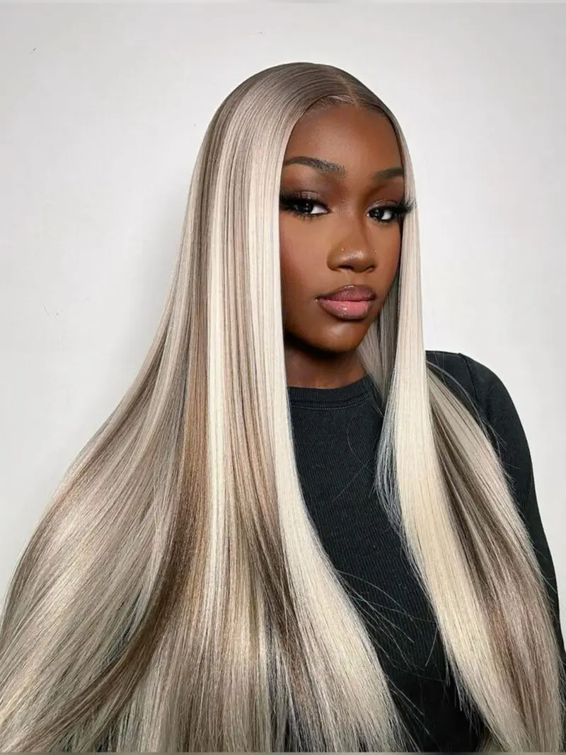 Ash Blonde Mix Blonde Highlight with Dark Root Synthetic Lac  display picture 3