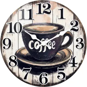 Kitchen Wall Clock,Vintage Glass Coffee Sign Decor Wall Clocks Battery Operated-8 Inch