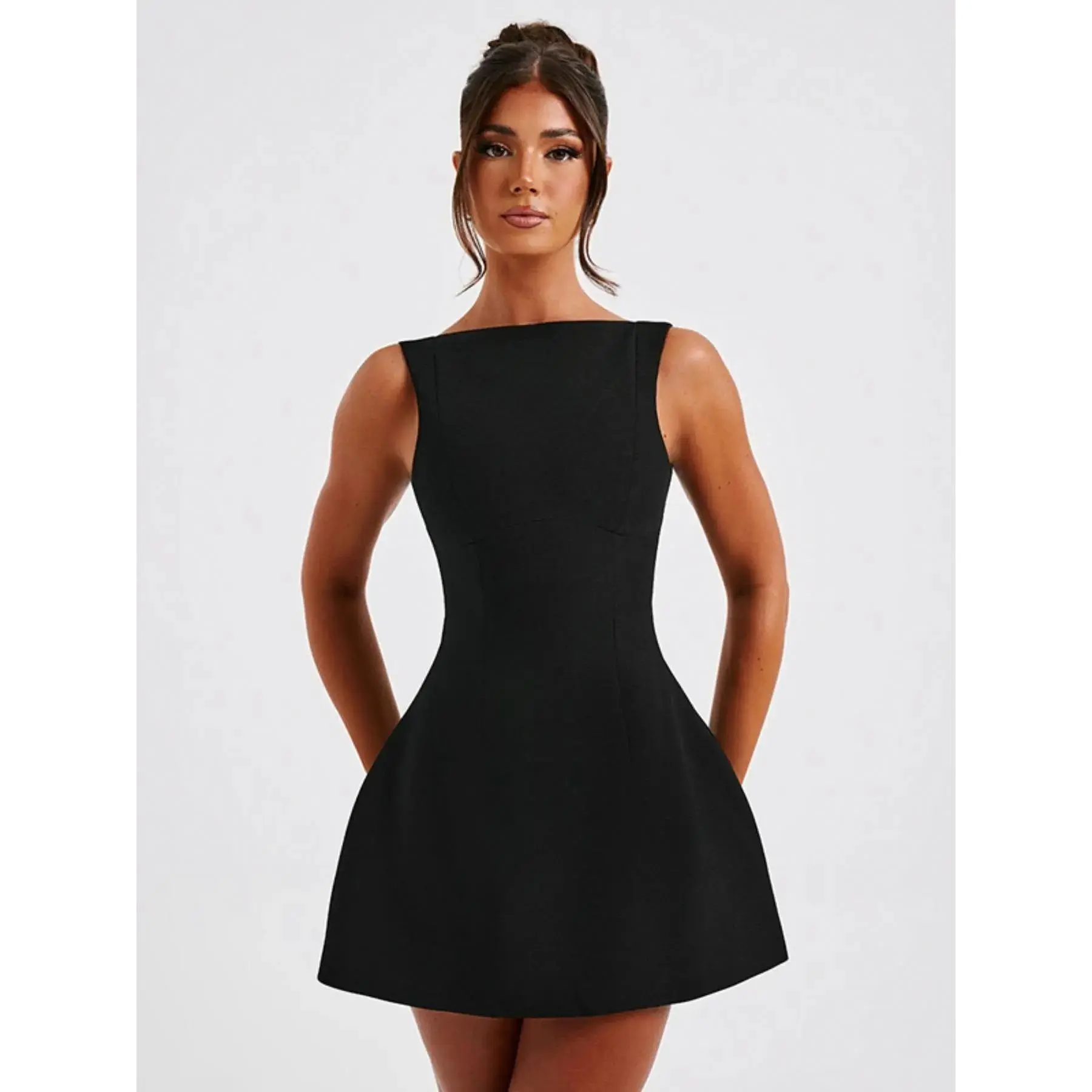 Women's Solid Backless Boat Neck Tank A-line Dress, Street Fashion Casual Sleeveless Short Dress for Daily Outdoor Wear, Ladies Dress for Summer, Teacup Dress