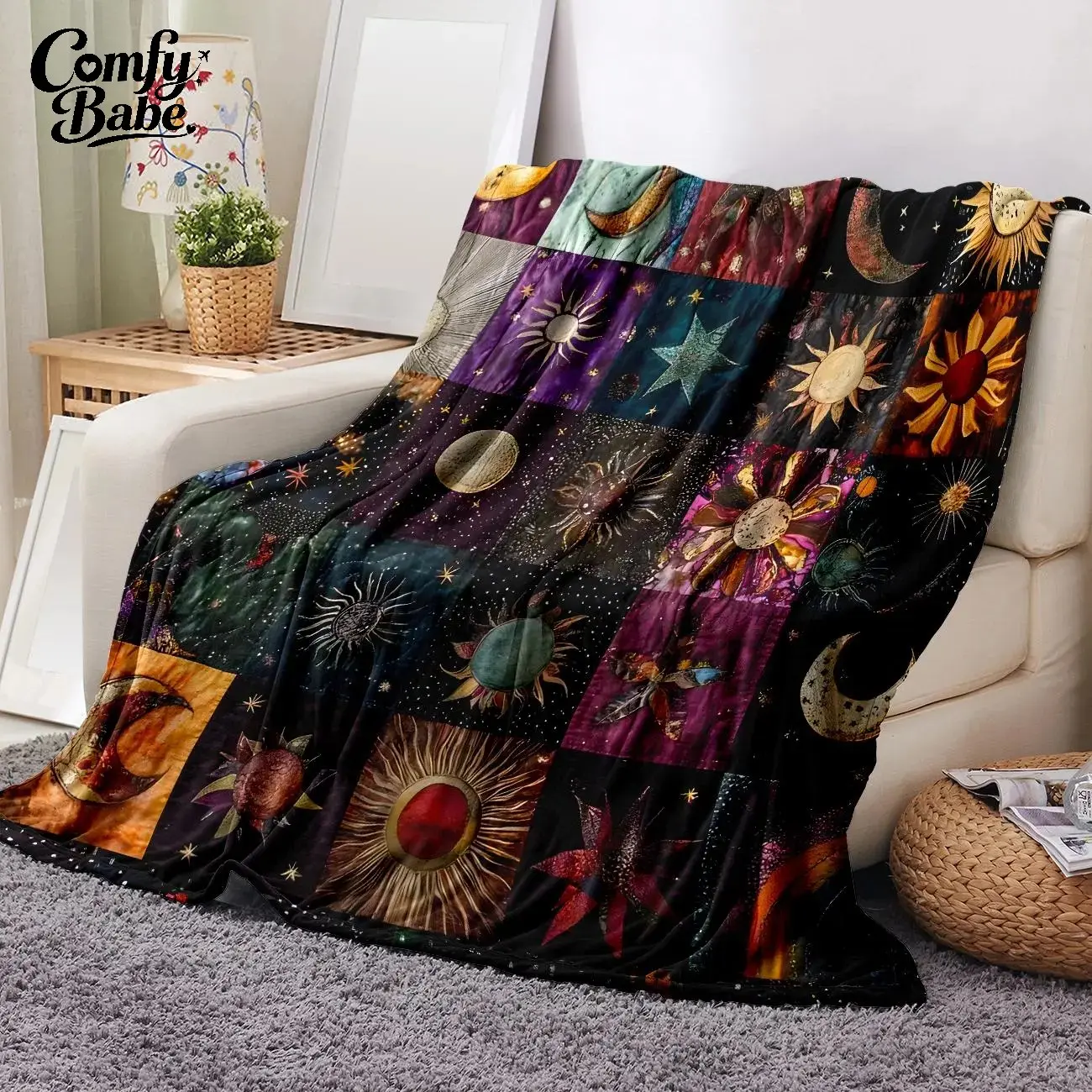 Vintage Celestial Print Flannel Throw Blanket - Cozy Warm Decorative Option, Patchwork Design, Boho Witchy Aesthetic, Multi-Size, Indoor Use, Mystic Room Decor, Spiritual Gift, Cozy Warm Blanket Soft Blankets Flannel Blankets
