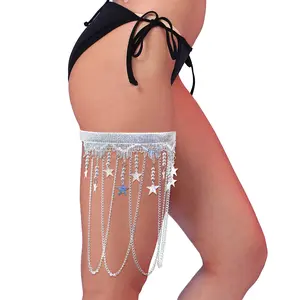 deladola Adjustable Leg Garter Rave Sparkly Star Leg Wraps Silver Tassel Sequin Thigh Garters Party Festival for Women and Girls  Beach Elastic Strap Summer