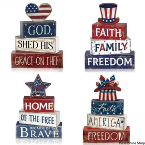 4th Of July Tiered Tray Decor Set, Rustic Patriotic Wood Blocks Stacker For Independence Day, Distressed Red White Blue Tabletop Signs For Home Farmhouse Aesthetic, Memorial Day Party Centerpiece, Americana Gifts For Family Friends
