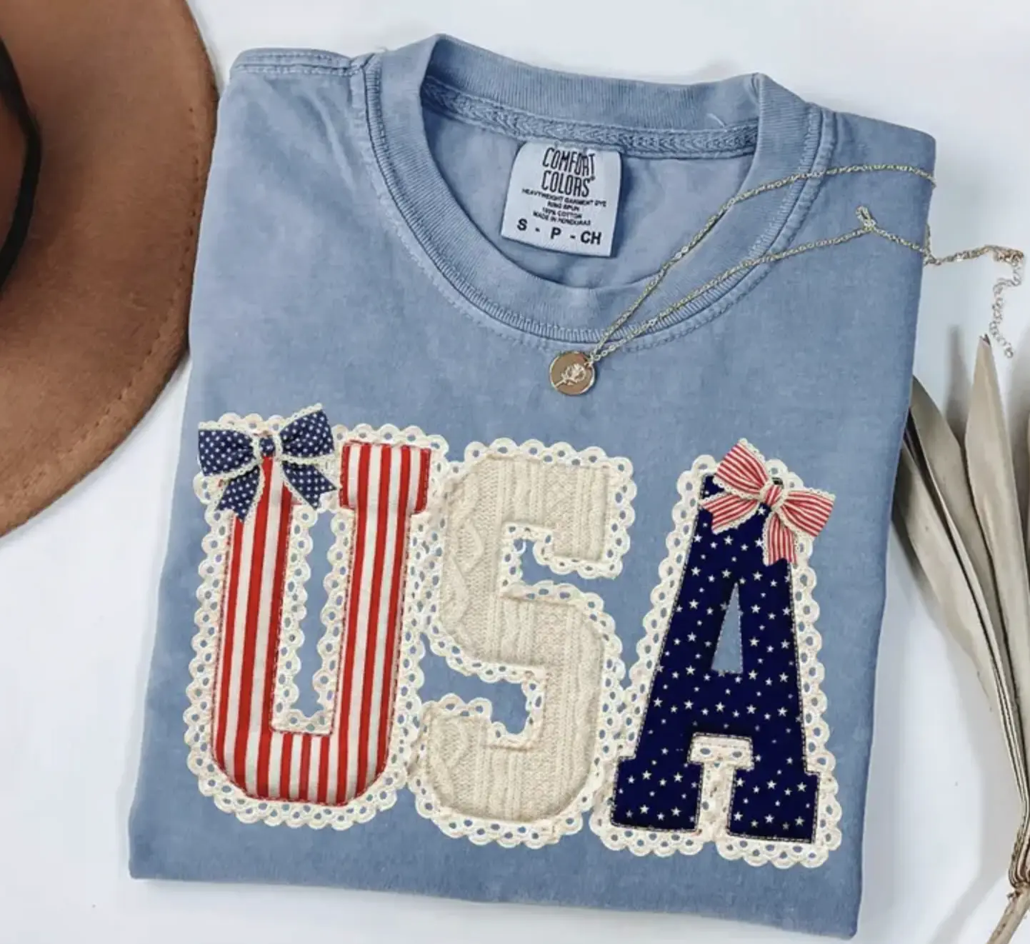 (PRINT) Comfort Colors USA Shirt, 4th Of July Shirt, Faux Patchwork USA Shirt, Coquette Patriotic Bow Tee, Fourth Of July, Retro American Flag Tee