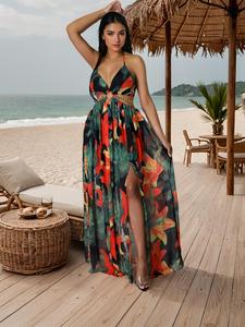 summer floral print deep v halter tie split maxi dress