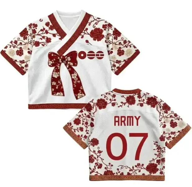 Women Modern Korean Hanbok Crop Top Jersey ARMY 07 Red Floral Graphic V Neck Ribbon Shirt Short Sleeve KPop Fan Concert Summer Apparel