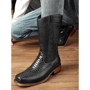 Men’s PU Leather Boots, New European-Style Long Ankle Boots for Autumn & Winter, Stylish Square-Toe Cowboy Boots for Men
