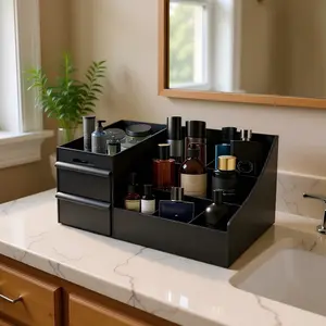 Luxury Black Drawer Organizer for Men - 7 Compartments & 2 Extra-Deep Drawers - Water-Resistant & Washable - Multilayer Storage Solution for Skincare, Fragrances, & Shaving Supplies - Ideal for Bathrooms, Bedrooms, & Offices tiktokshopspringglowup