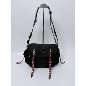 Pre-owned PRADA nylon and leather Crossbody Bags Studded Nylon Messenger Shoulder Bag Black ZS008PR