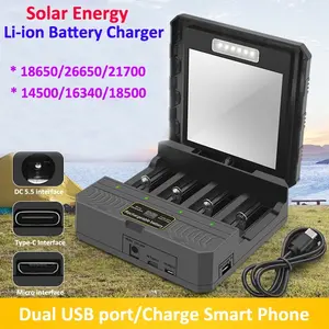 Solar-Powered Li-ion Battery Charger, Portable Charger, 3.7V Multi-function USB Smart Battery Charger 18650 Charger, USB Independent Charging Electronic 26650/21700/18650/18500/16340/14500 Lithium Battery Charger, Li-ion Rechargeable Battery Charger