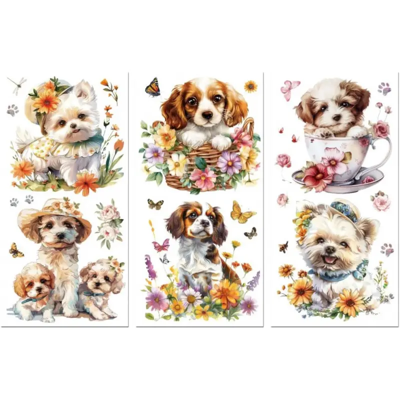 Rub on Transfer Decals for Furniture Crafts Dogs and Flowers 6"x12", 3Pcs Waterproof UV DTF Transfer Decals Sticker for Dresser Lingerie Chests Drawer Glass Porcelain  Plastic