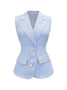 Blue Striped Waistcoat Vest for Women, 2026 Spring Summer New Pearl Button Notch Lapel Sleeveless Commuter Top