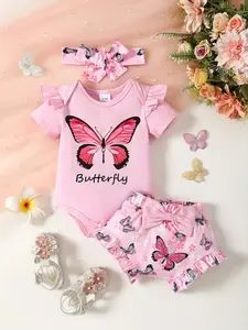 Baby girl summer sweet breeze pink butterfly pattern, bow headband, ruffled sleeves jumpsuit with bow shorts skirt, suitable for Children's Day preferred baby clothes