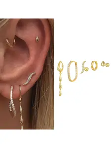 5 Pcs Ear Bone Piercing Studs, Screw Ball Hoop Dangle Earrings, Micro Set Zircon Irregular Round Jewelry Set, Elegant Plain Style