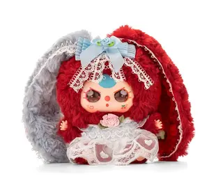 Baby Three - Lilly Rabbit Town Keychain blindbox v4 Red Fuzzy Doll with Blue Bow and Lace Detailing