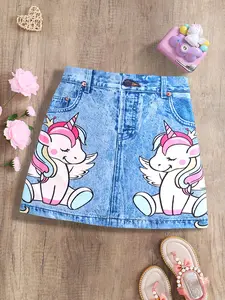 Girl's Whimsical Cartoon Unicorn Print Denim-effect A Line Skirt, Fashion Casual Cute Skirt for Daily Outdoor Wear, Girls Bottoms for All Seasons, Kids Skirt