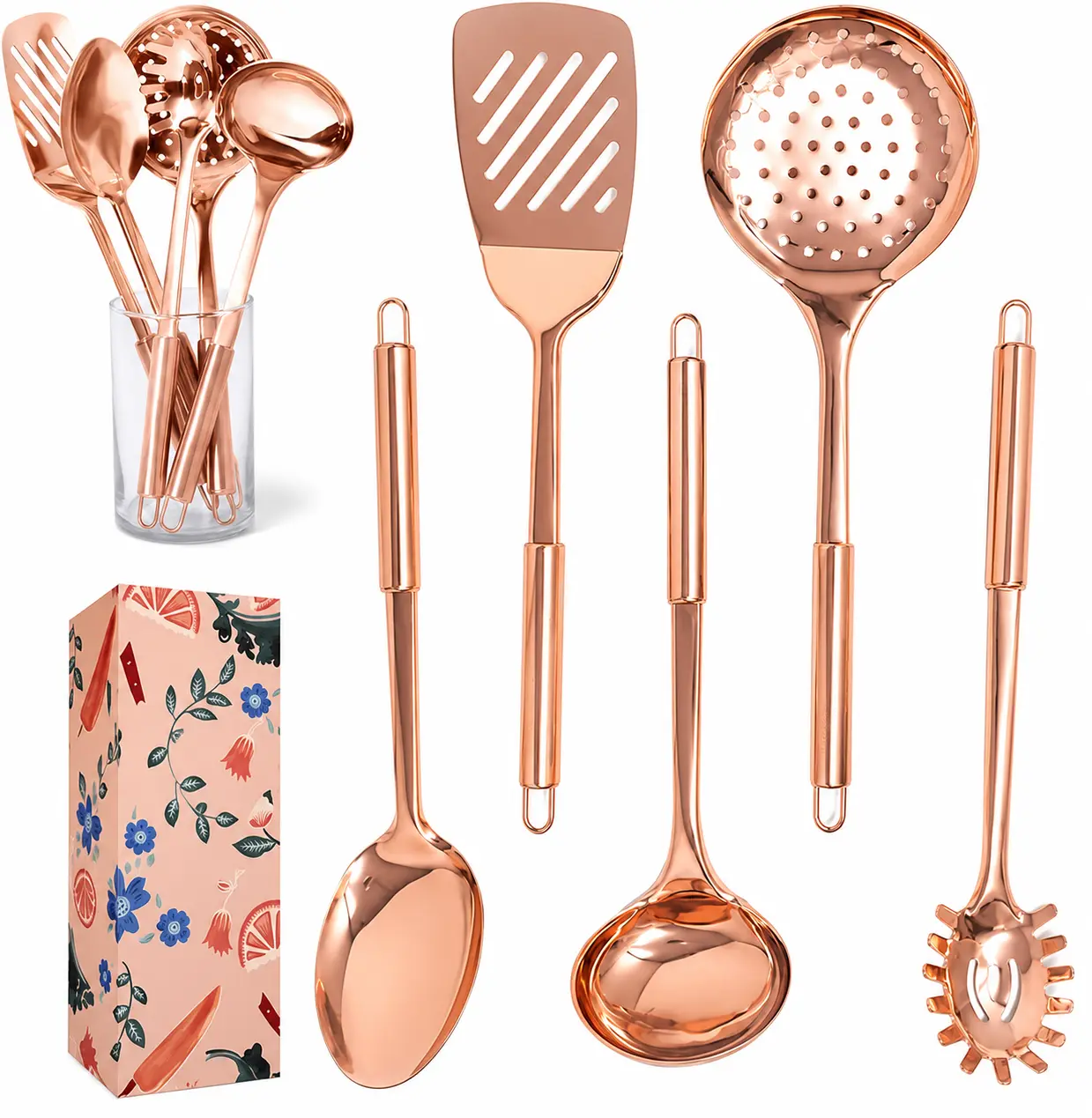 Copper Cooking Utensils Set – 5-Piece Rose Gold Stainless Steel Kitchen Tools for Cooking and Serving Includes Ladle, Spoon, Pasta Fork, Spatula, and Skimmer – Stylish Copper Kitchen Accessories