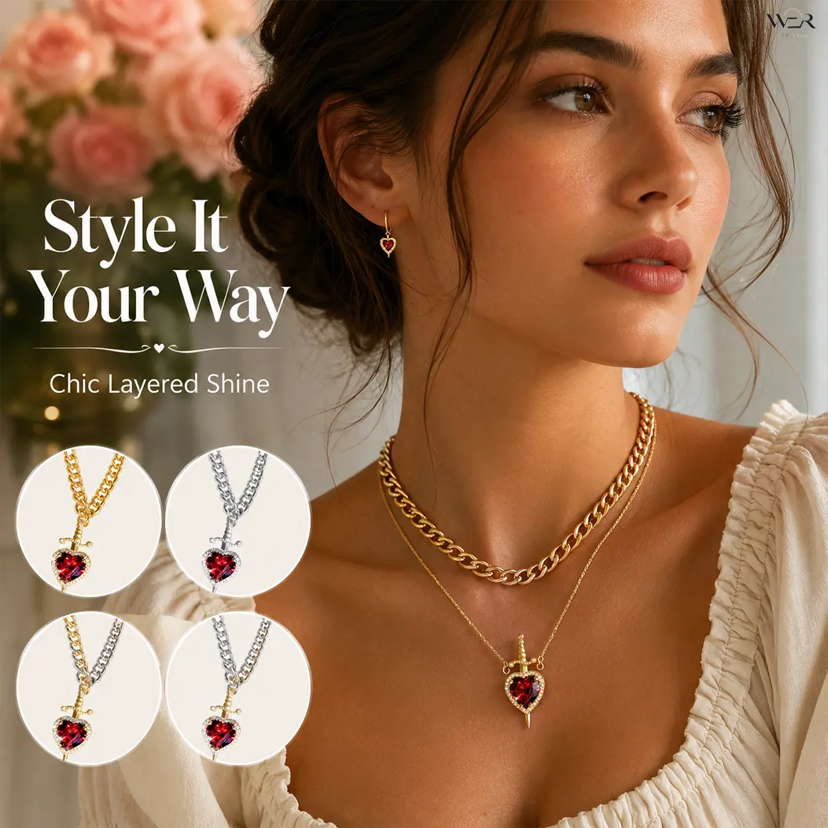 Layered Heart Sword Necklace Set2 for Women | Elegant Gold & Silver Tone Casual Statement Jewelry, Lightweight 3.5 cm Pendant, Feminine, Daily, 1.5 Cm Width, Pendant Height 3.5 Cm