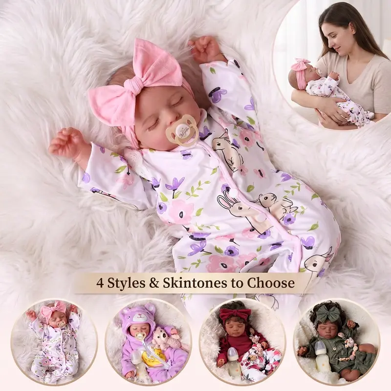 BABESIDE 20-in Realistic Newborn Sleeping Reborn Baby Doll Rosalie - Vinyl-Cotton Body, Pink Bow, Poseable Soft Arms, Included Accessories, ASTM F963 Certified Pretend Play Toy, Birthday Gift for 3-4 Years Girls