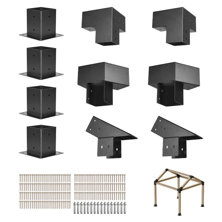 fathersdaygift VEVOR Pergola Kit, 4x4 Inch Pointed-Roof Pergola Brackets for 3.5x3.5 In Lumbers in Actual Size, 3-Way/ 4-Way Gazebo Bracket with Post Bases Ridge Brackets for Outdoor Pergolas Gazebo Shed, 14 Pcs